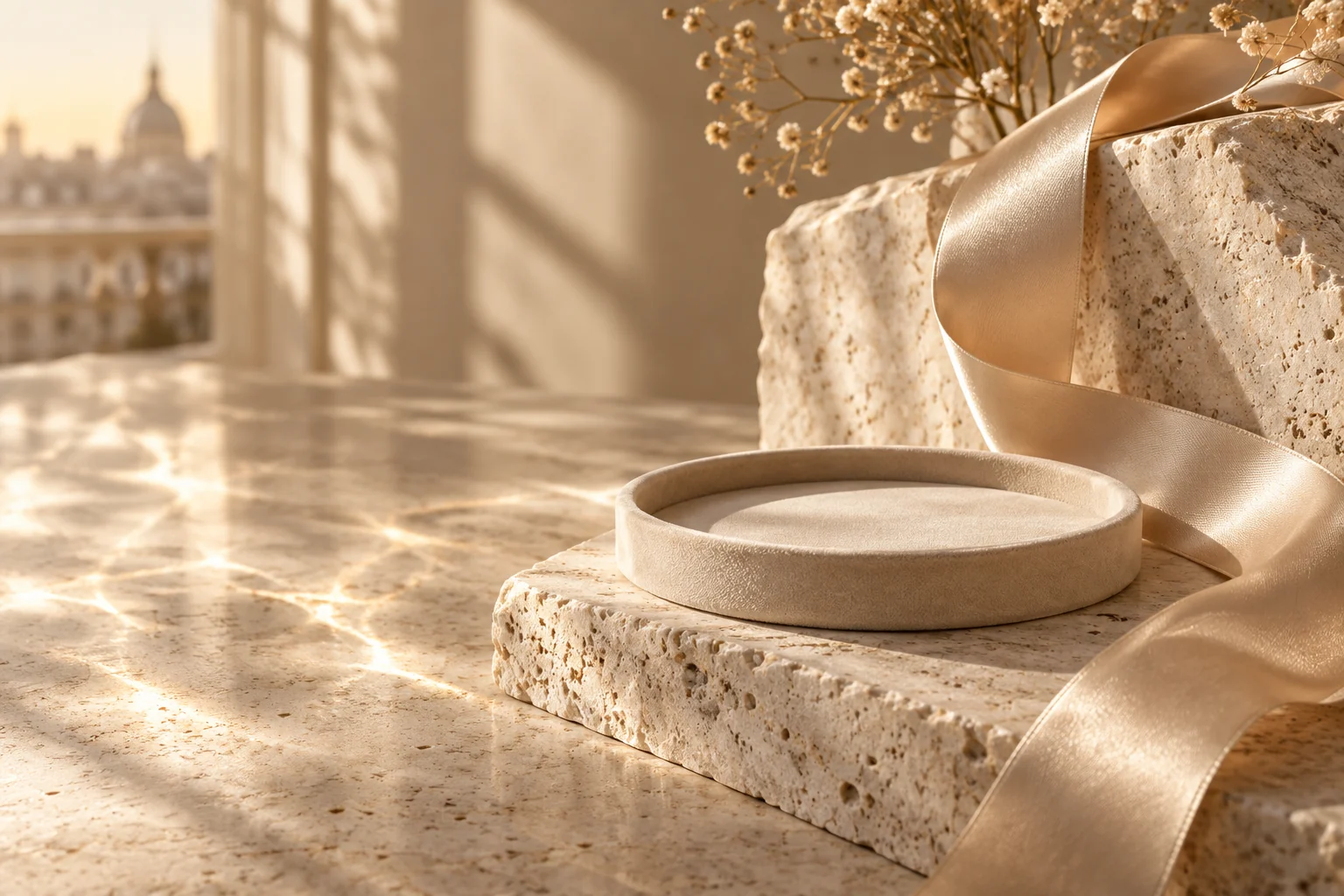 Decor editorial Lumière Privée: travertin, șampanie și mătase
