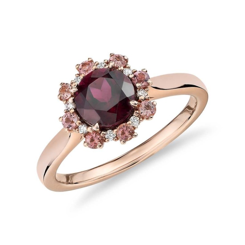 Inel de logodna din Aur Rose de 18k cu Granat, Diamante Naturale si Turmaline naturale